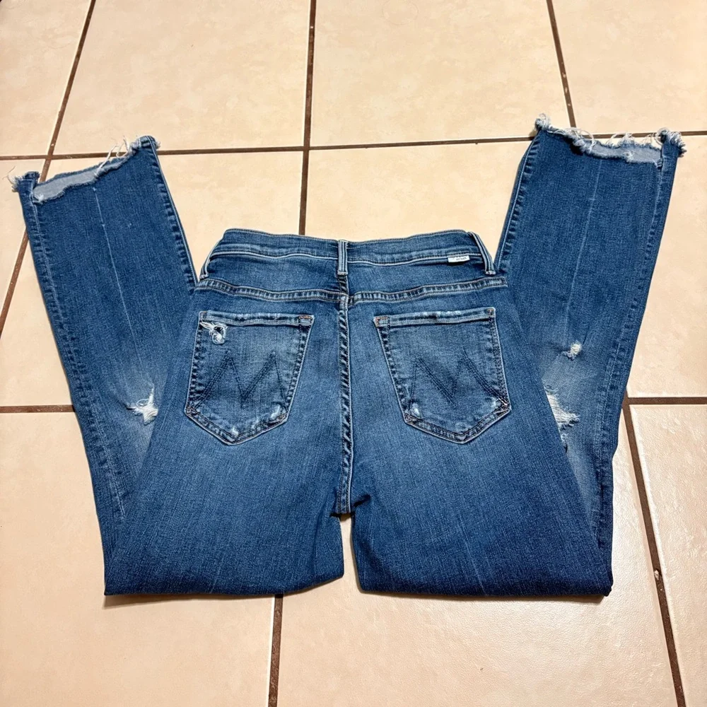 MOTHER Distressed Blue Straight Leg Jeans - Picture 2 of 5